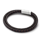 Stainless Steel Polished Black and Brown Braided Leather Wrap Bracelet for Men