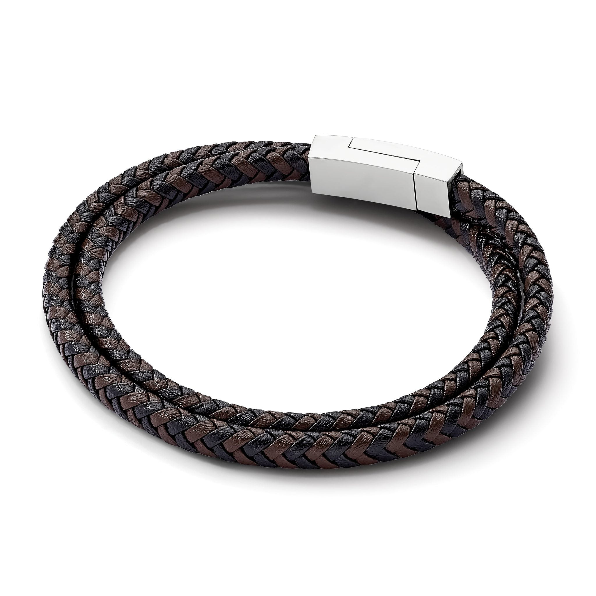 Stainless Steel Polished Black and Brown Braided Leather Wrap Bracelet for Men