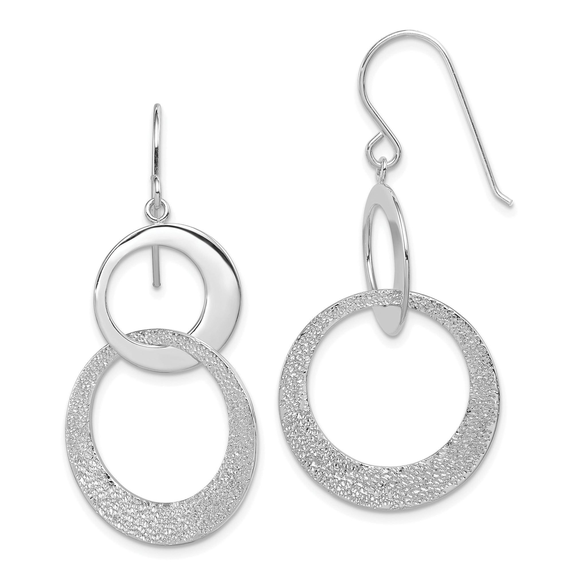 Sterling Silver RH-plated Polished & Textured Interlocking Circle Dangle Ea Main image