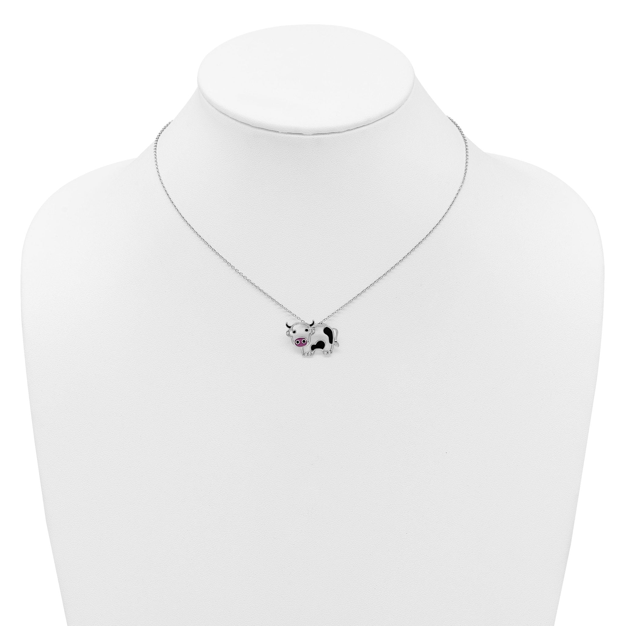 Cheryl M Sterling Silver Rhodium-plated Polished and Enameled Black and White CZ Cow 16 Inch with 2 Inch Extension Necklace