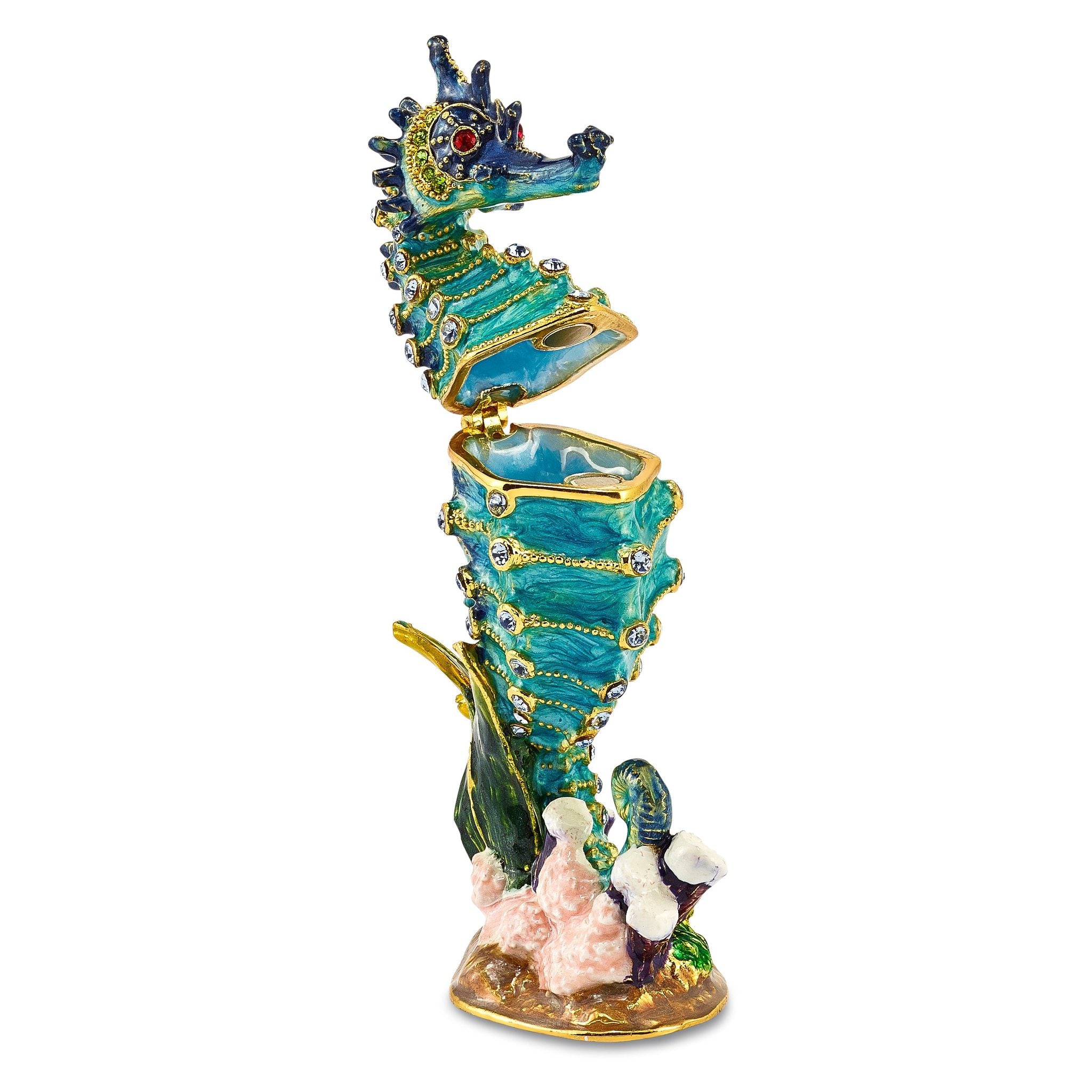 Luxury Giftware by Jere Pewter Bejeweled Crystals Gold-tone Enameled SIMON Seahorse Trinket Box with Matching 18 Inch Necklace Secondary image