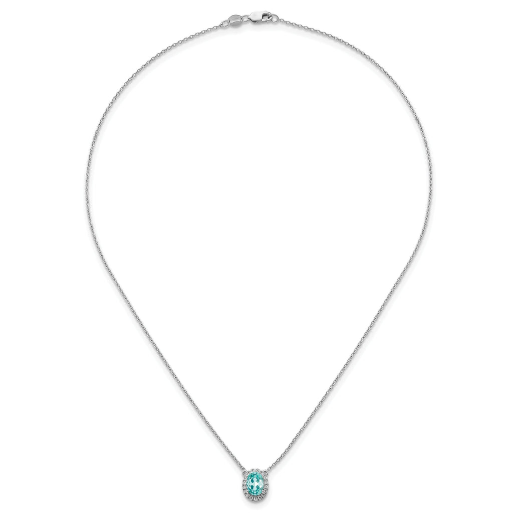 Pure Serenity 14k White Gold 1/8 carat Lab Grown Diamond VS/SI+ G+ and Lab Created Paraiba 18 inch Oval Halo Pendant Necklace