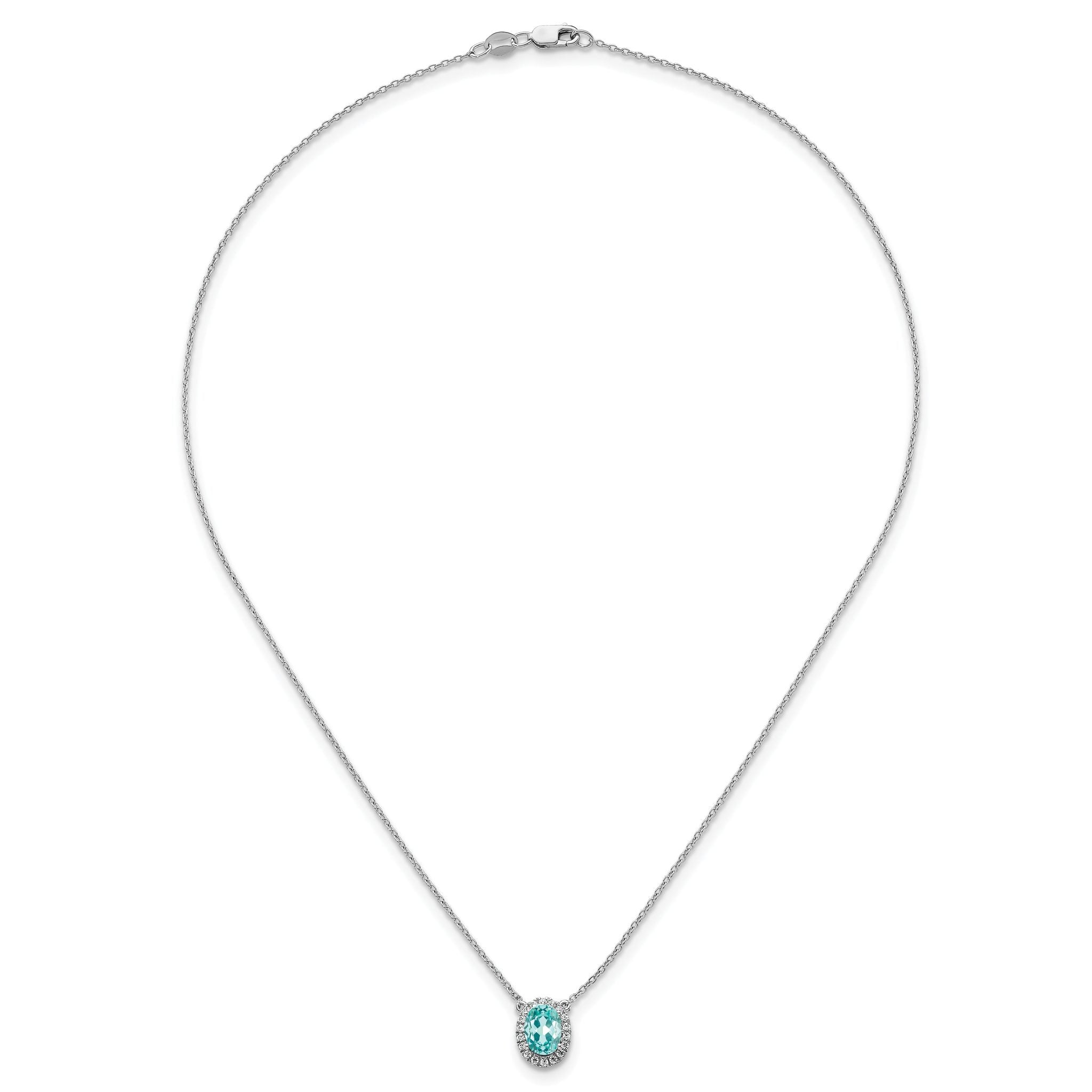 Pure Serenity 14k White Gold 1/8 carat Lab Grown Diamond VS/SI+ G+ and Lab Created Paraiba 18 inch Oval Halo Pendant Necklace
