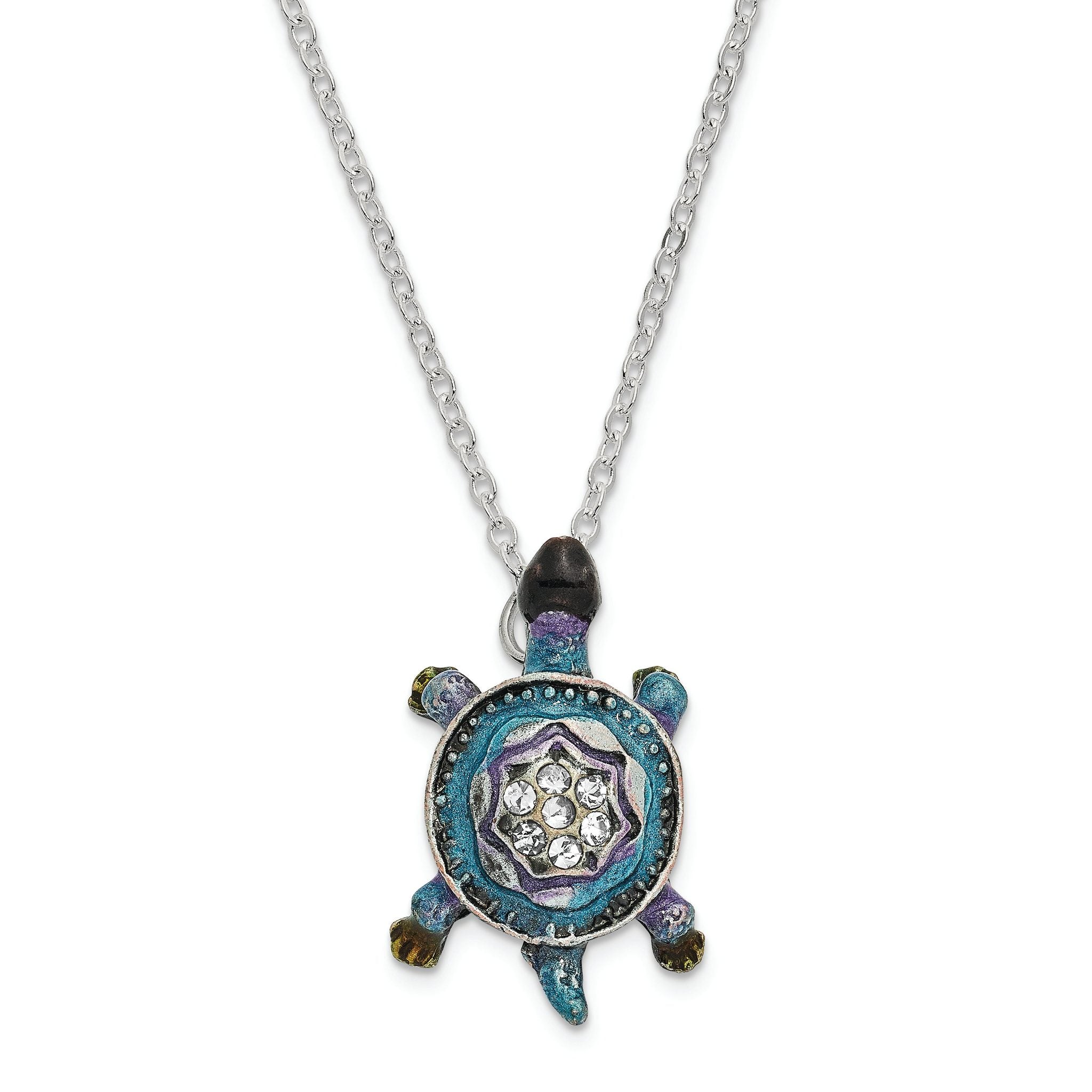 Luxury Giftware Pewter Bejeweled Crystals Pewter-tone Enameled AMAZING AZURE Turtle Trinket Box with Matching 18 Inch Necklace