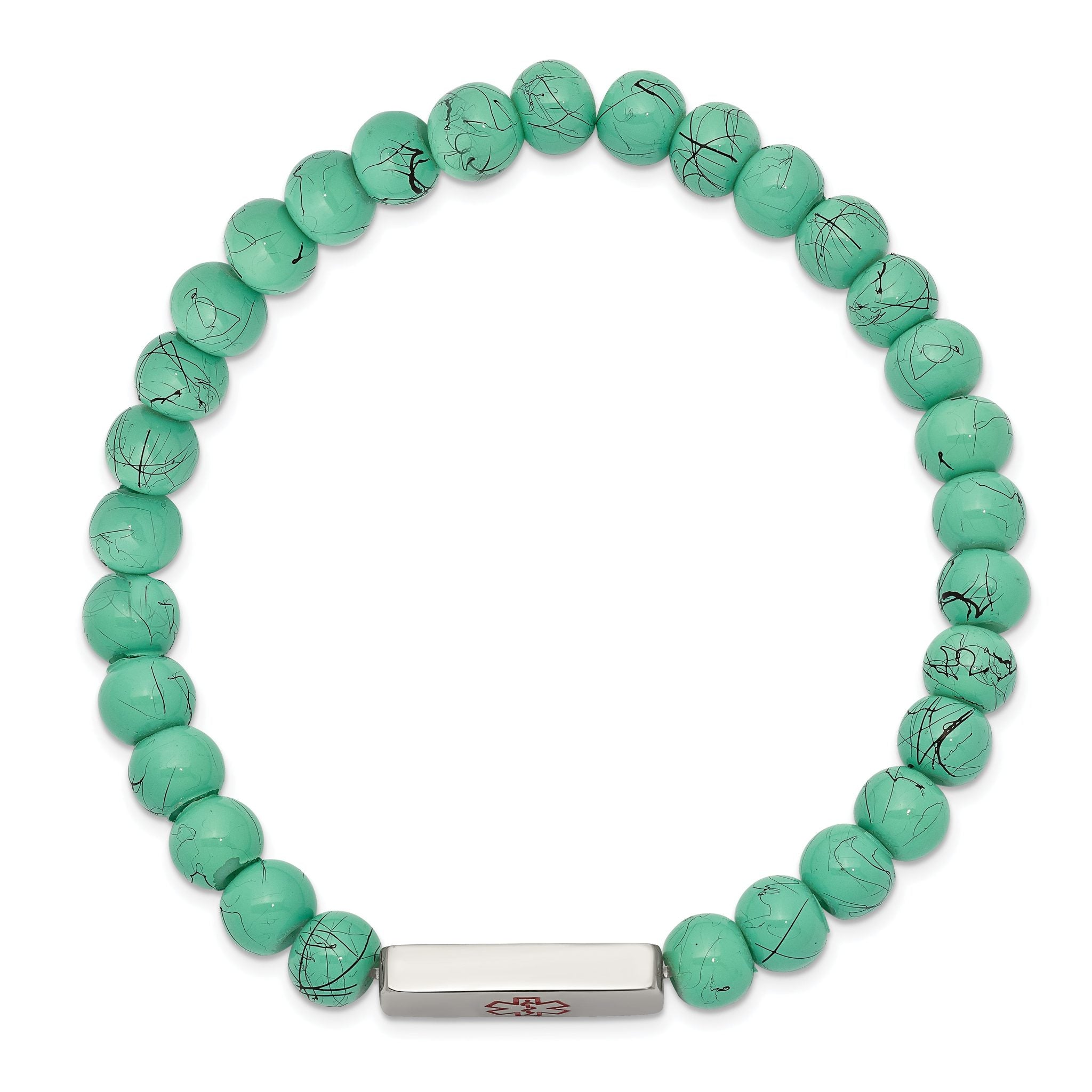 Stainless Steel Polished with Red Enamel Medical ID 6.5mm Turquoise Glass Beaded Stretch Bracelet Secondary image