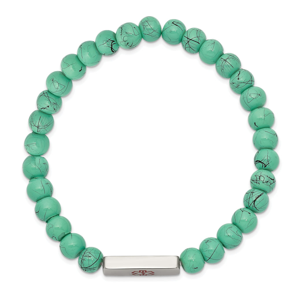 Stainless Steel Polished with Red Enamel Medical ID 6.5mm Turquoise Glass Beaded Stretch Bracelet