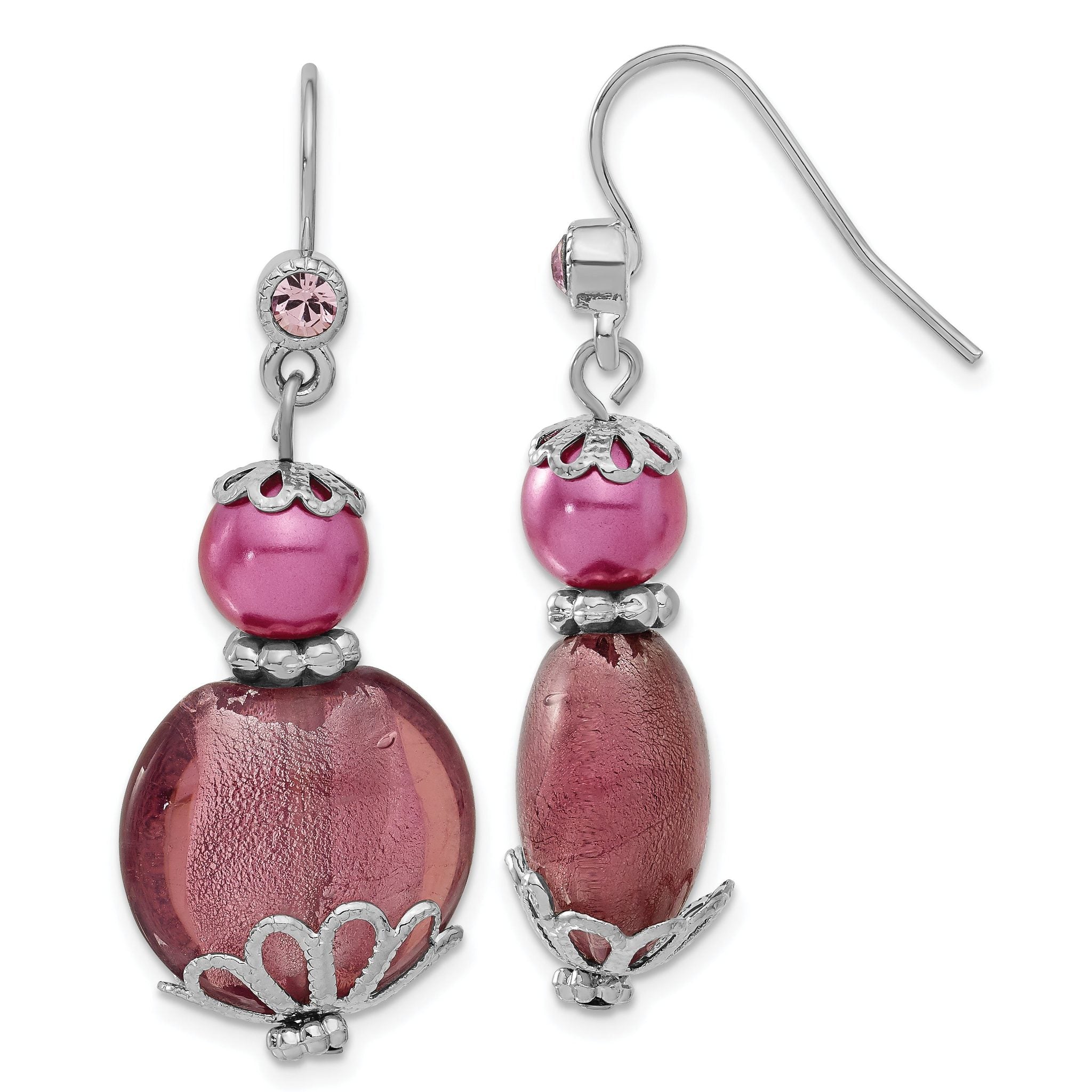 1928 Silver-tone Purple Glass Stone & Acrylic Bead Dangle Earrings Main image