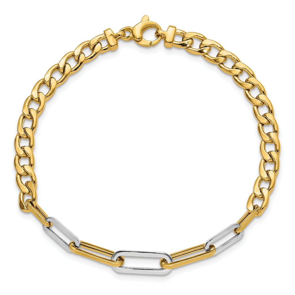14K w/White Rhodium Polished Curb and Paperclip Link Bracelet