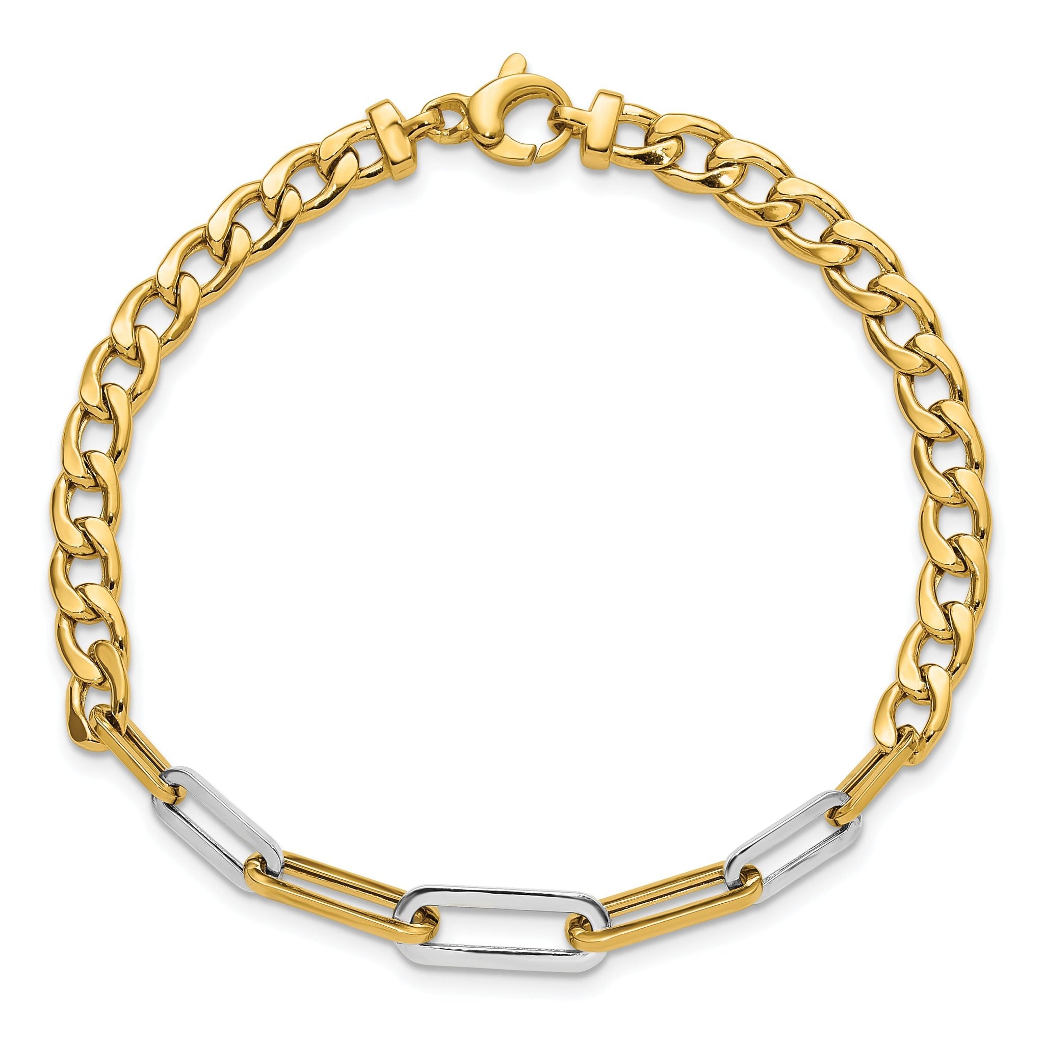 14K w/White Rhodium Polished Curb and Paperclip Link Bracelet