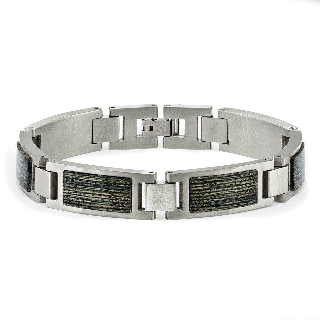 Stainless Steel Brushed with Grey Wood Inlay Link Bracelet for Men