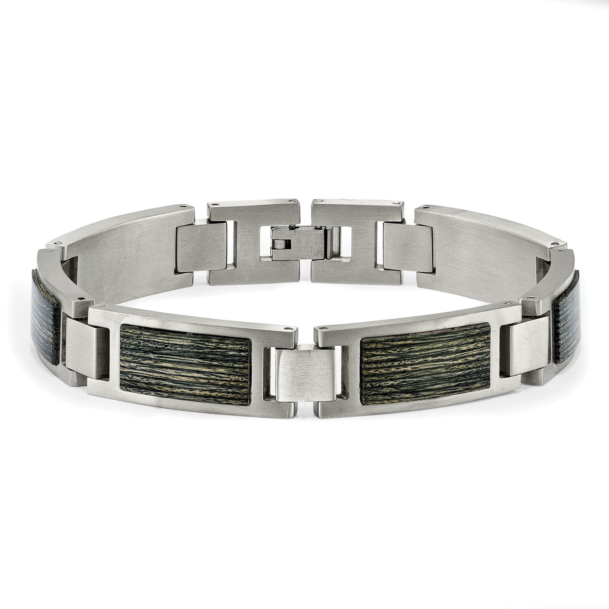 Stainless Steel Brushed with Grey Wood Inlay Link Bracelet for Men