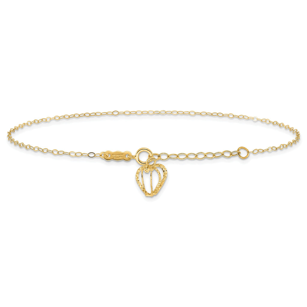 14K Cable Chain with Diamond-cut Heart Cage Dangle 9 inch Plus 1 inch Extender - Total 10 inch Ankle