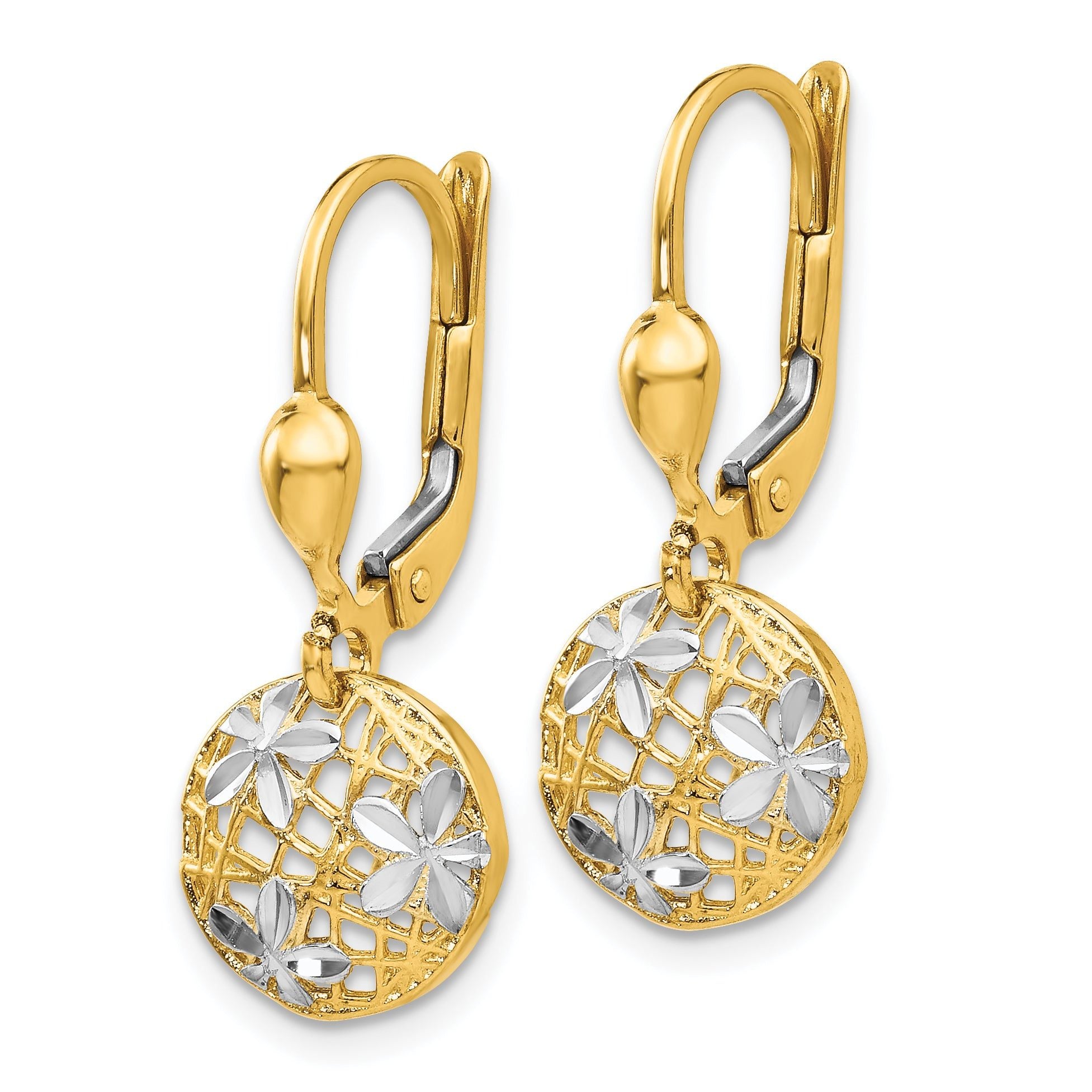 14K and Rhodium Polished Diamond-cut Dangle Leverback Earrings Secondary image