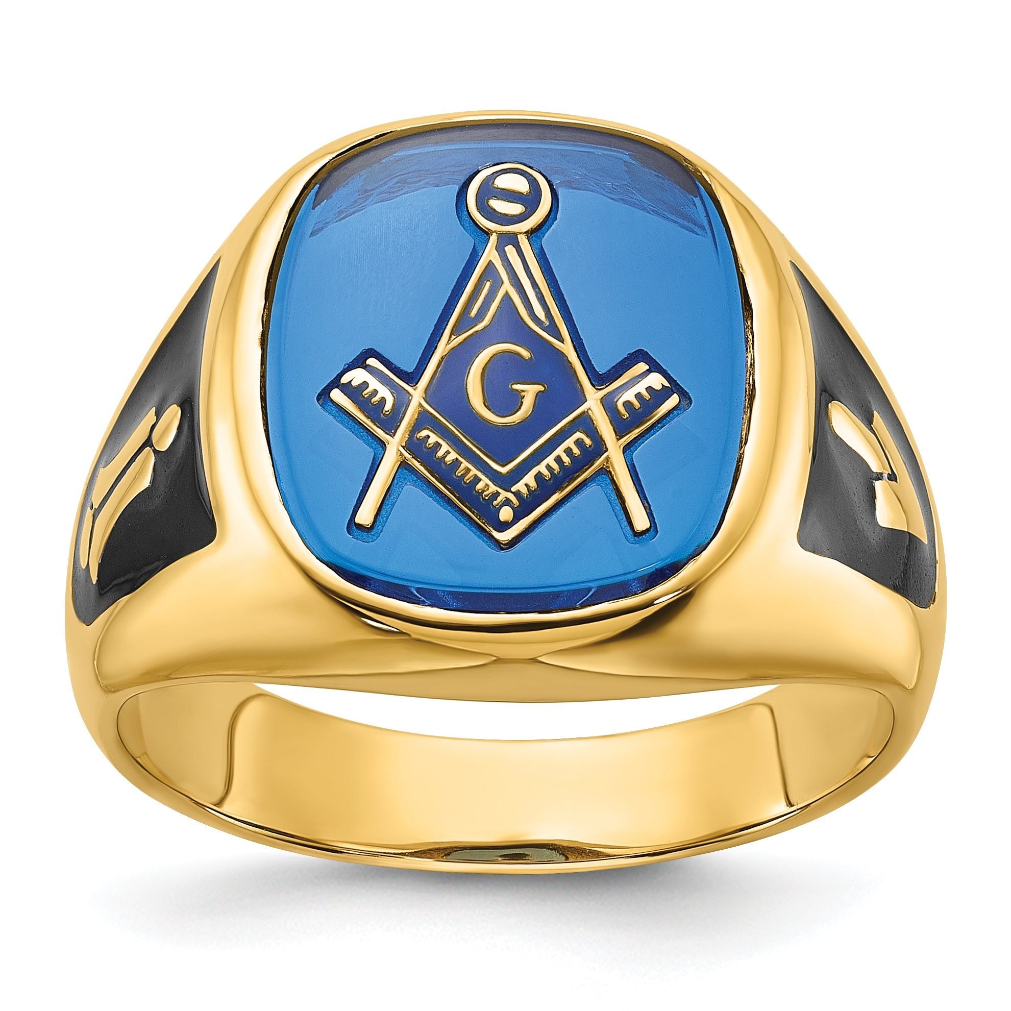 14k Men's Polished and Textured with Black Enamel and Imitation Blue Spinel Masonic Ring Main image