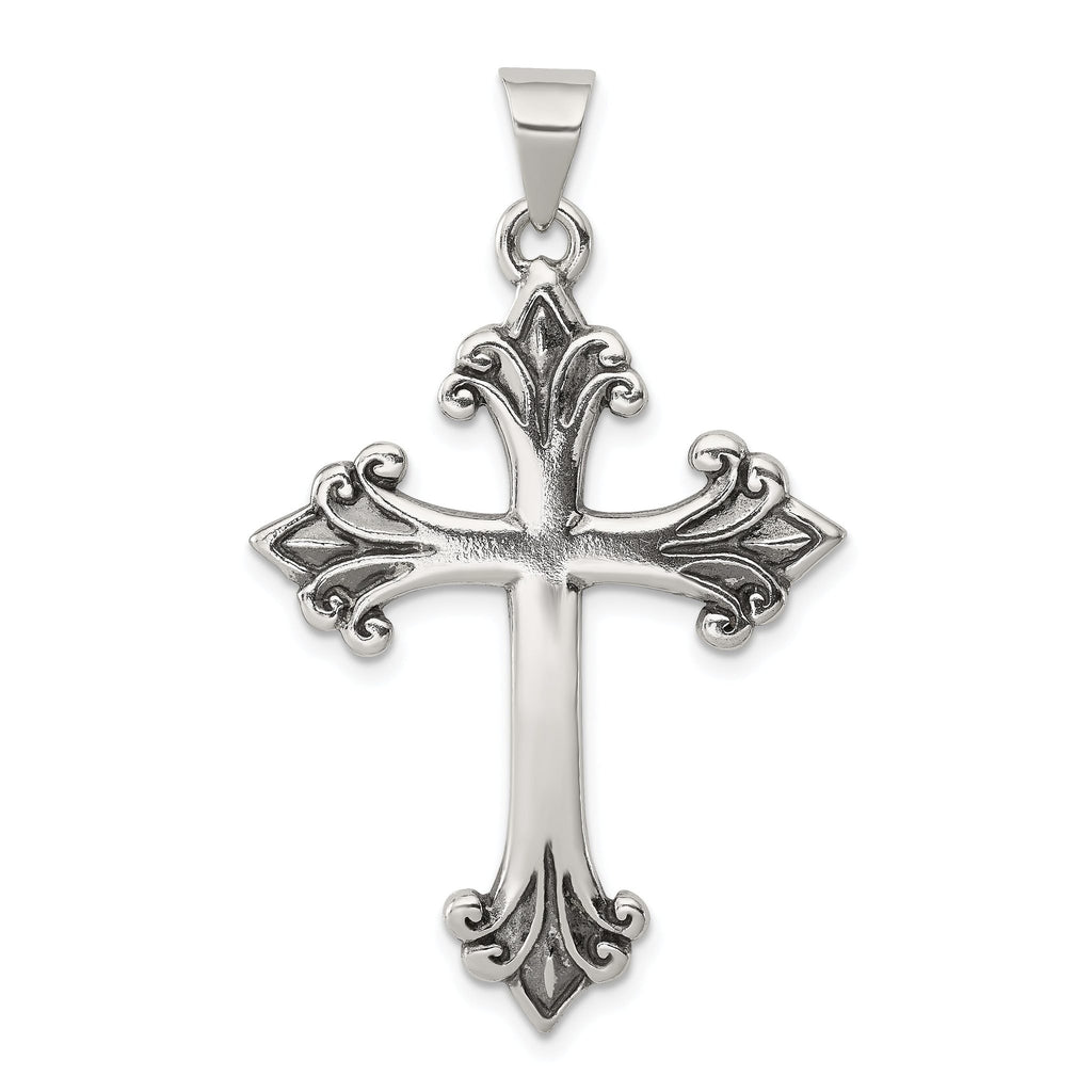 Sterling Silver 925 Fleur De Lis Cross Pendant with Polished Anti-Tarnish Finish