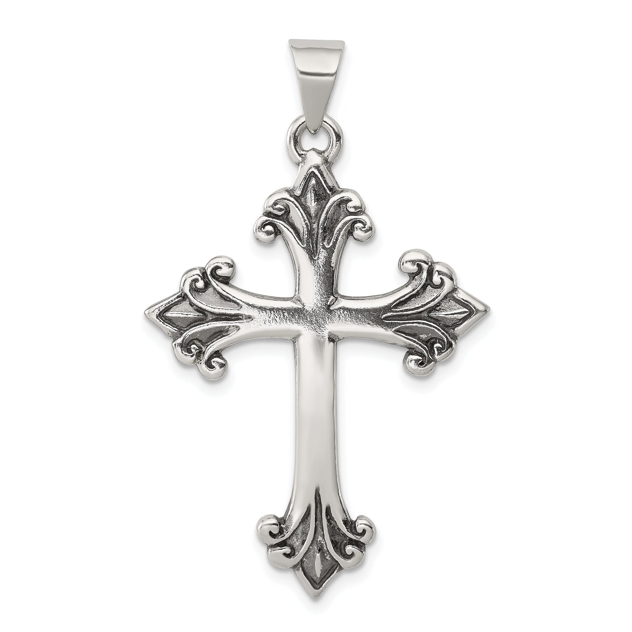 Sterling Silver 925 Fleur De Lis Cross Pendant with Polished Anti-Tarnish Finish