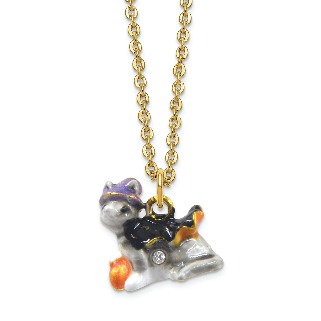 Luxury Giftware by Jere Bejeweled Crystals Gold-tone Enameled SERENA Halloween Cat Trinket Box with Matching 18 Inch Necklace