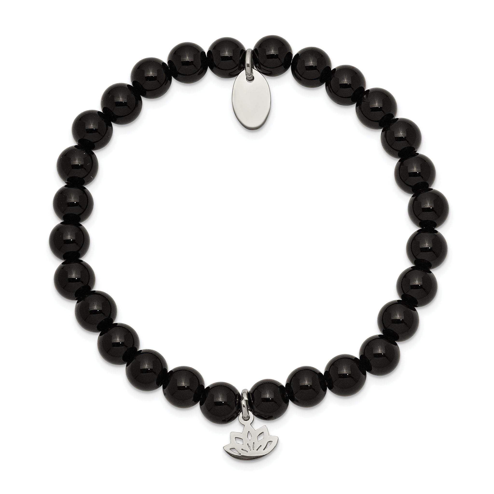 Stainless Steel Polished Lotus 6mm Black Agate Beaded Stretch Bracelet for Women Secondary image