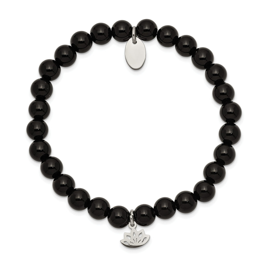 Stainless Steel Polished Lotus 6mm Black Agate Beaded Stretch Bracelet for Women