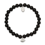 Stainless Steel Polished Lotus 6mm Black Agate Beaded Stretch Bracelet for Women