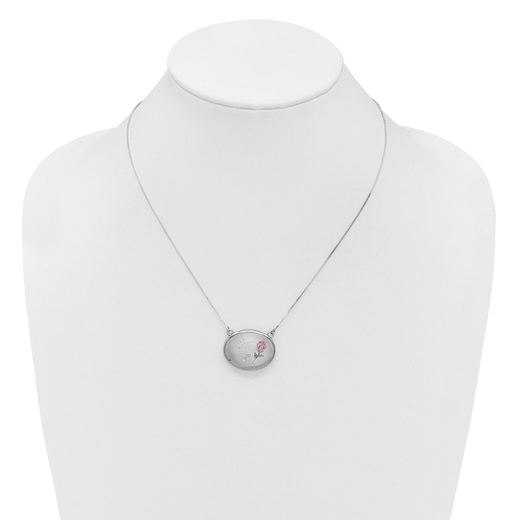 Sterling Silver Rhodium-plated Brushed/Polished Pink and Green Epoxy MOM Rose 18.75 inch with 2 inch ext. 20mm Oval Locket Necklace