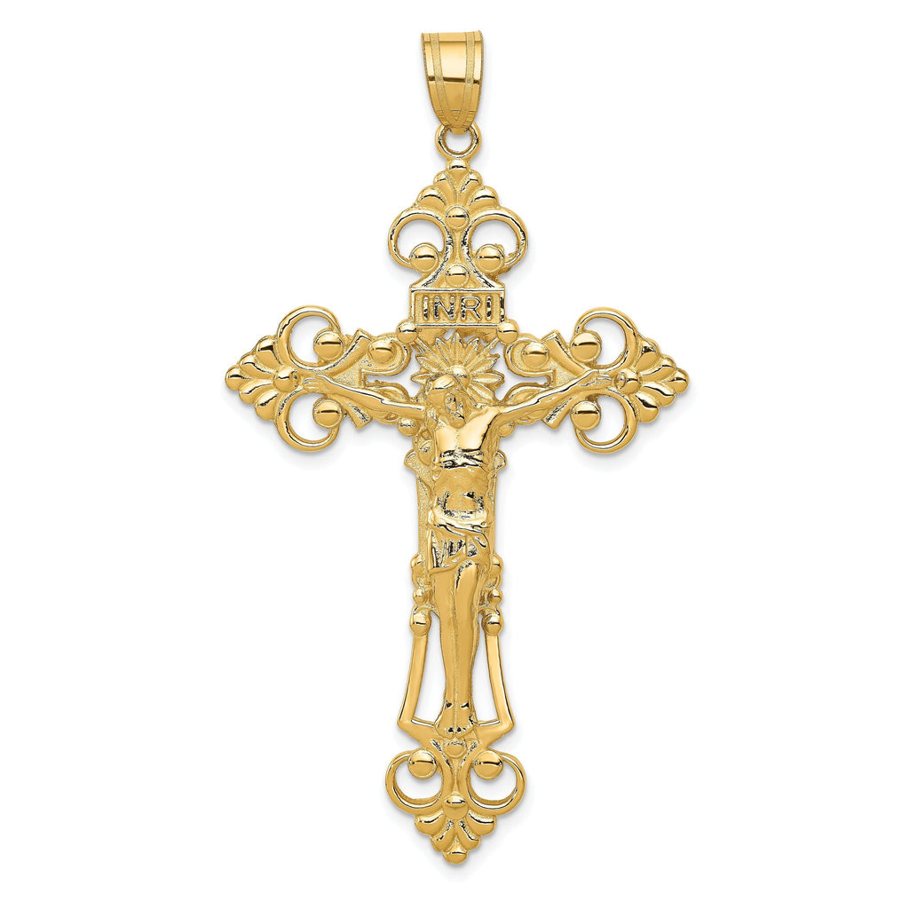 14K Gold Fleur De Lis Crucifix Pendant Elegant Themed Design