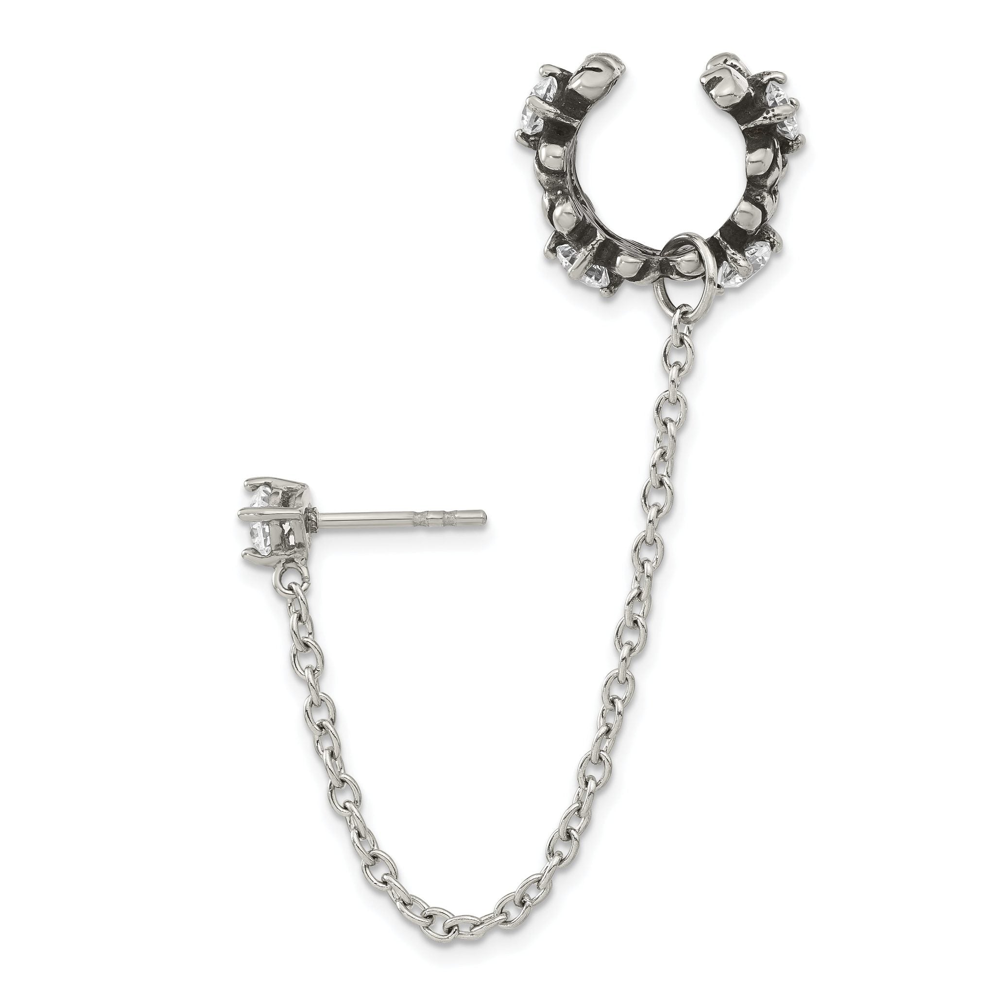 Stainless Steel Polished & Antiqued Cubic Zirconia Ear Climber Earrings for Women