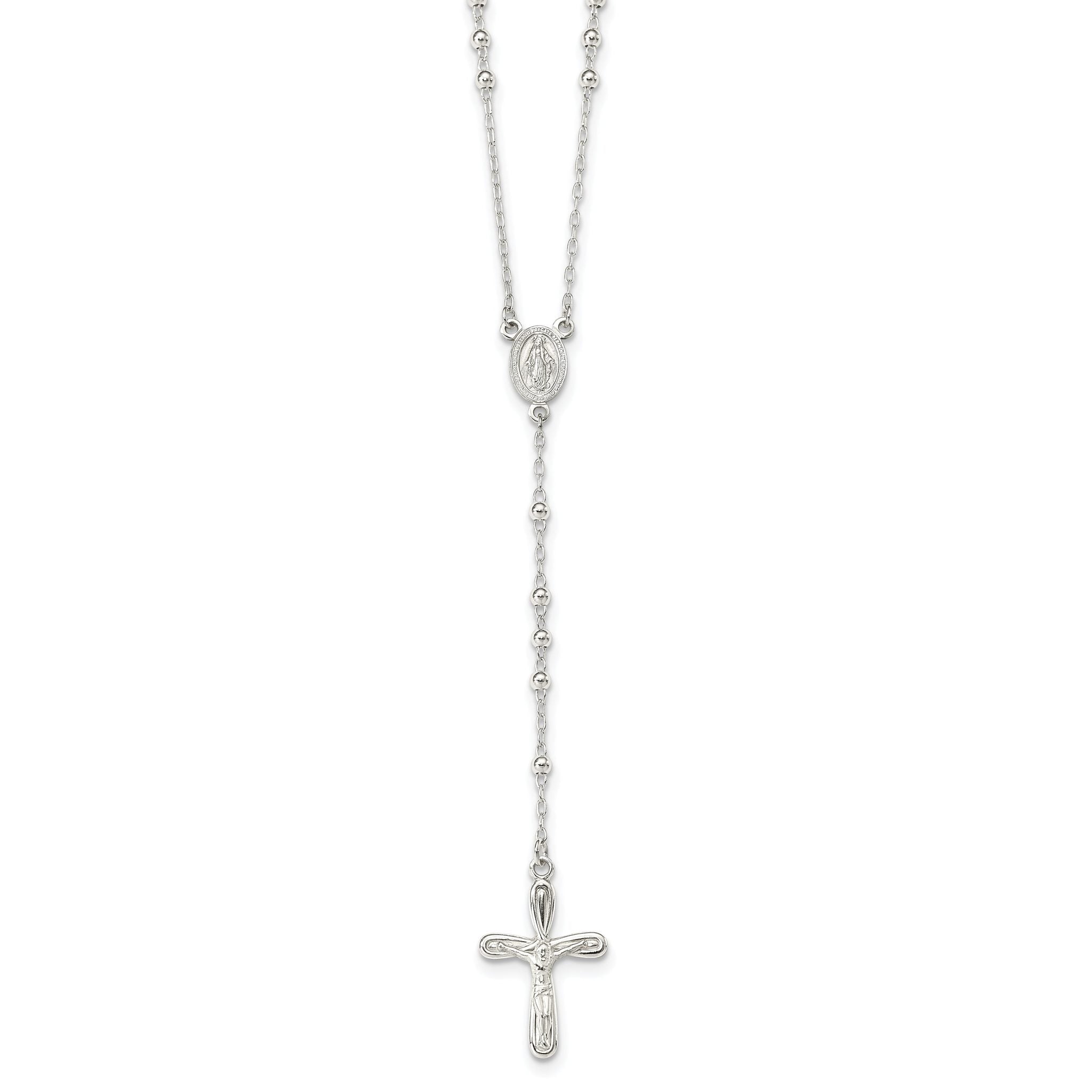 Sterling Silver 925 Polished Rosary Necklace 18 Women's Elegant Design