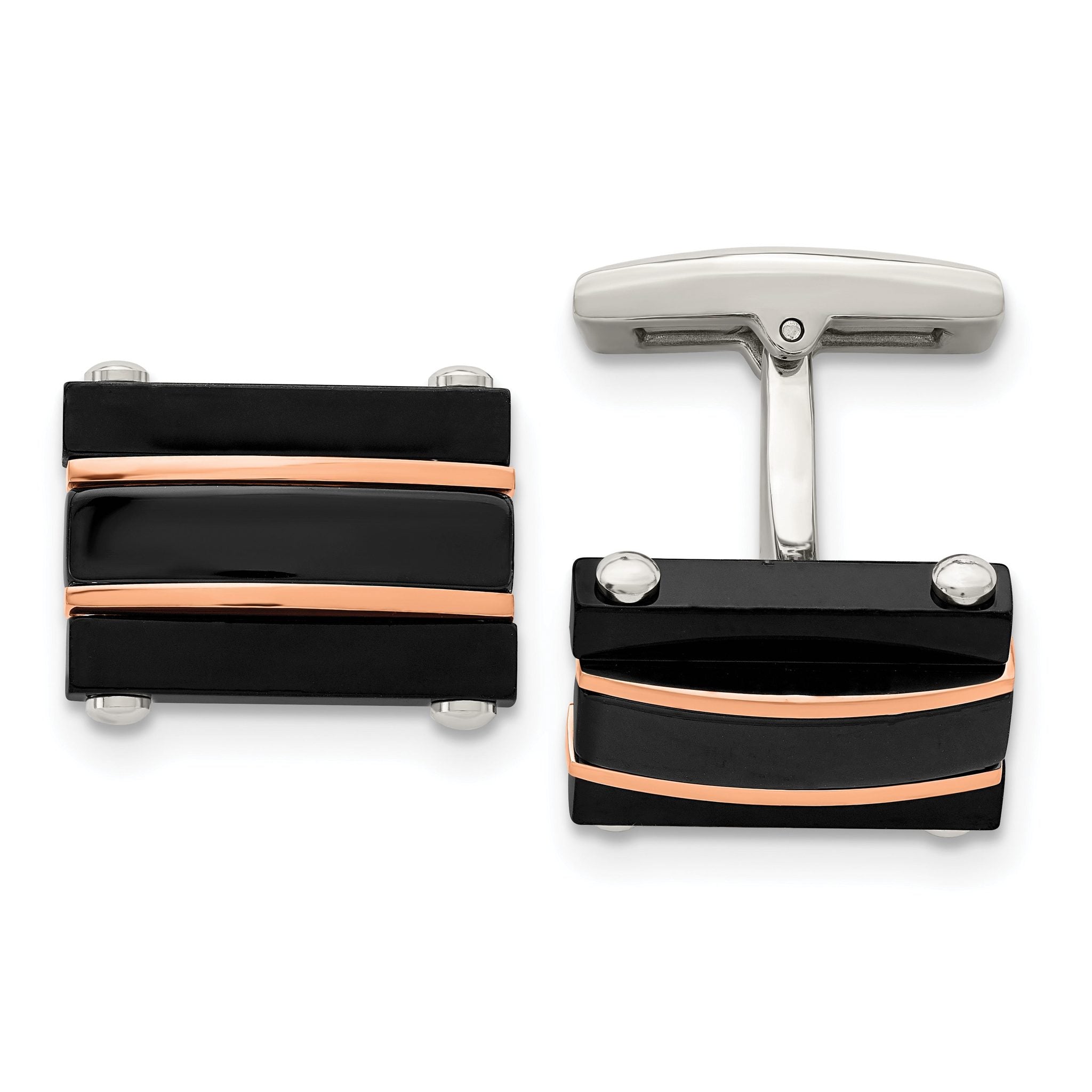 Stainless Steel Black & Rose-Tone Polished Cuff Links