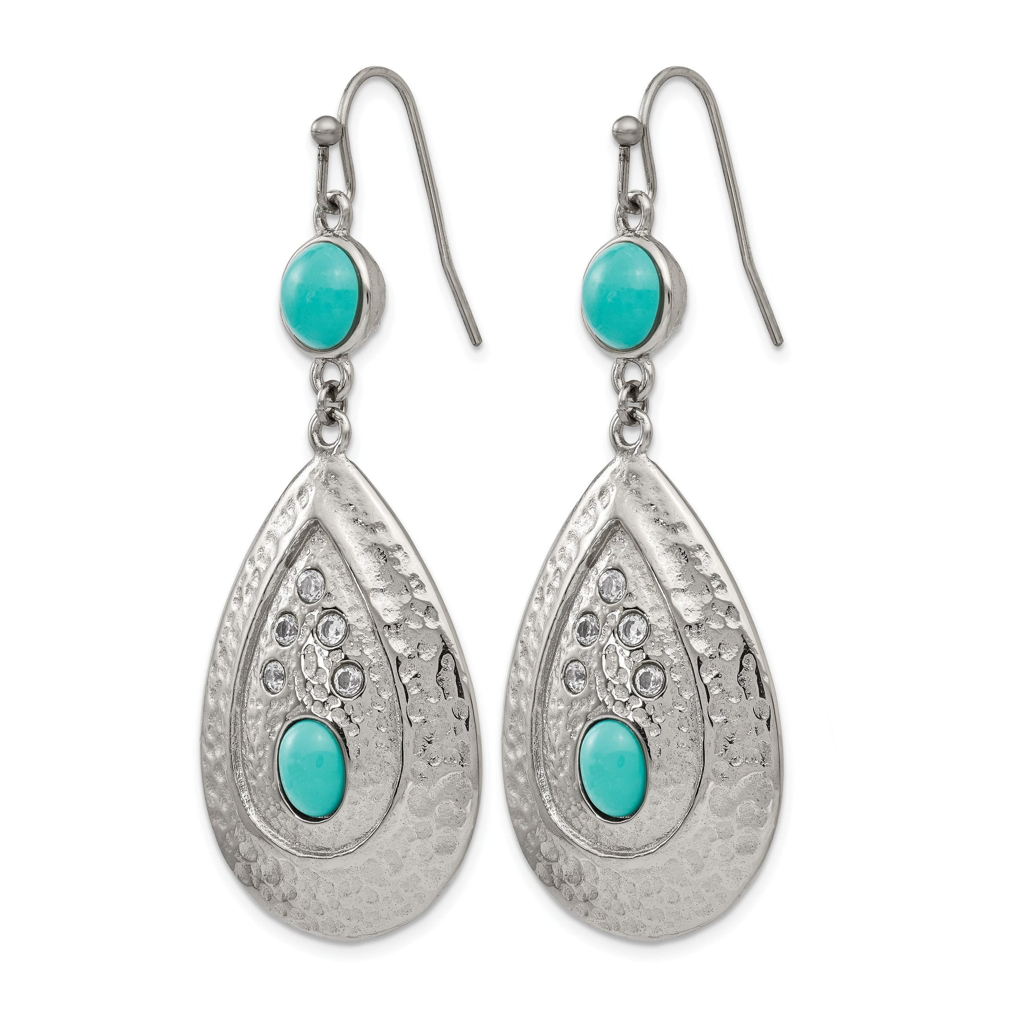 Stainless Steel Polished Hammered Cubic Zirconia Drop Dangle Earrings for Women