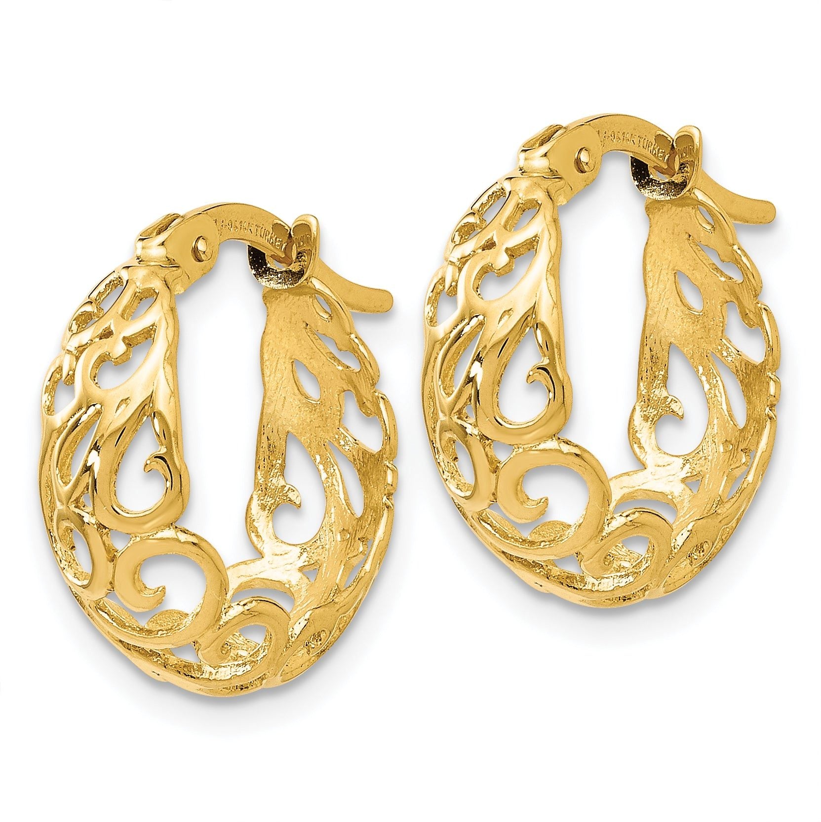 14K Gold Polished Hinged Hoop Earrings with Filigree Creole Design Secondary image