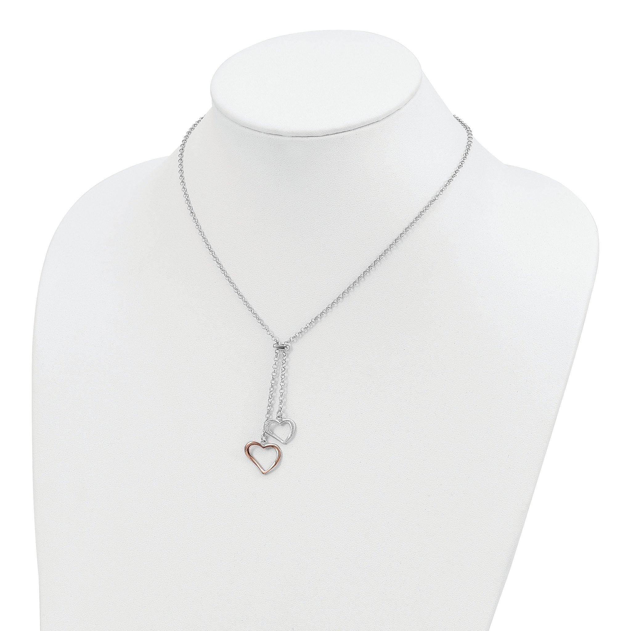Sterling Silver Rose-tone Polished Textured 2-Heart Necklace