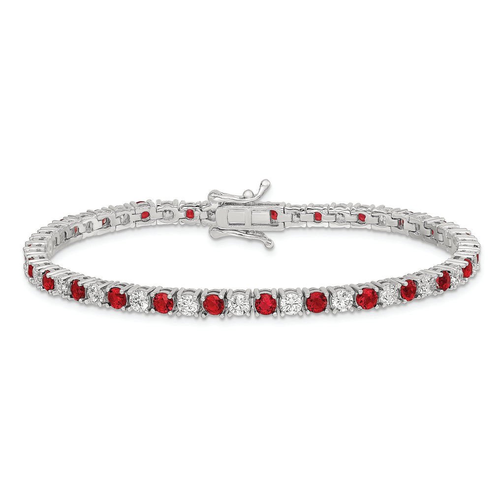 Sterling Silver Rhodium-plated Red Glass and CZ  7 inch Bracelet