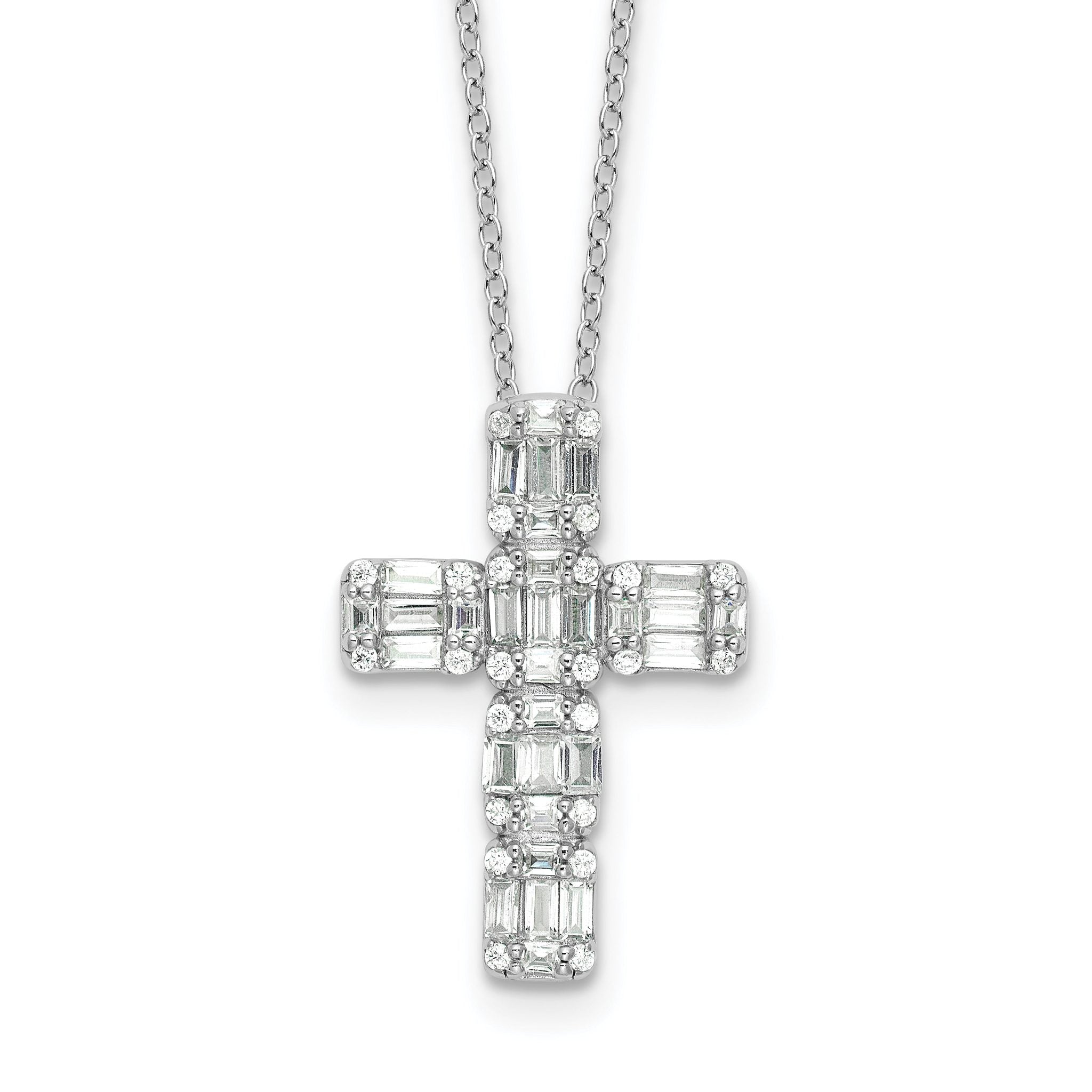 Sterling Silver Rhodium-Rhodium-Plated Baguette CZ Cross 18in Necklace Main image