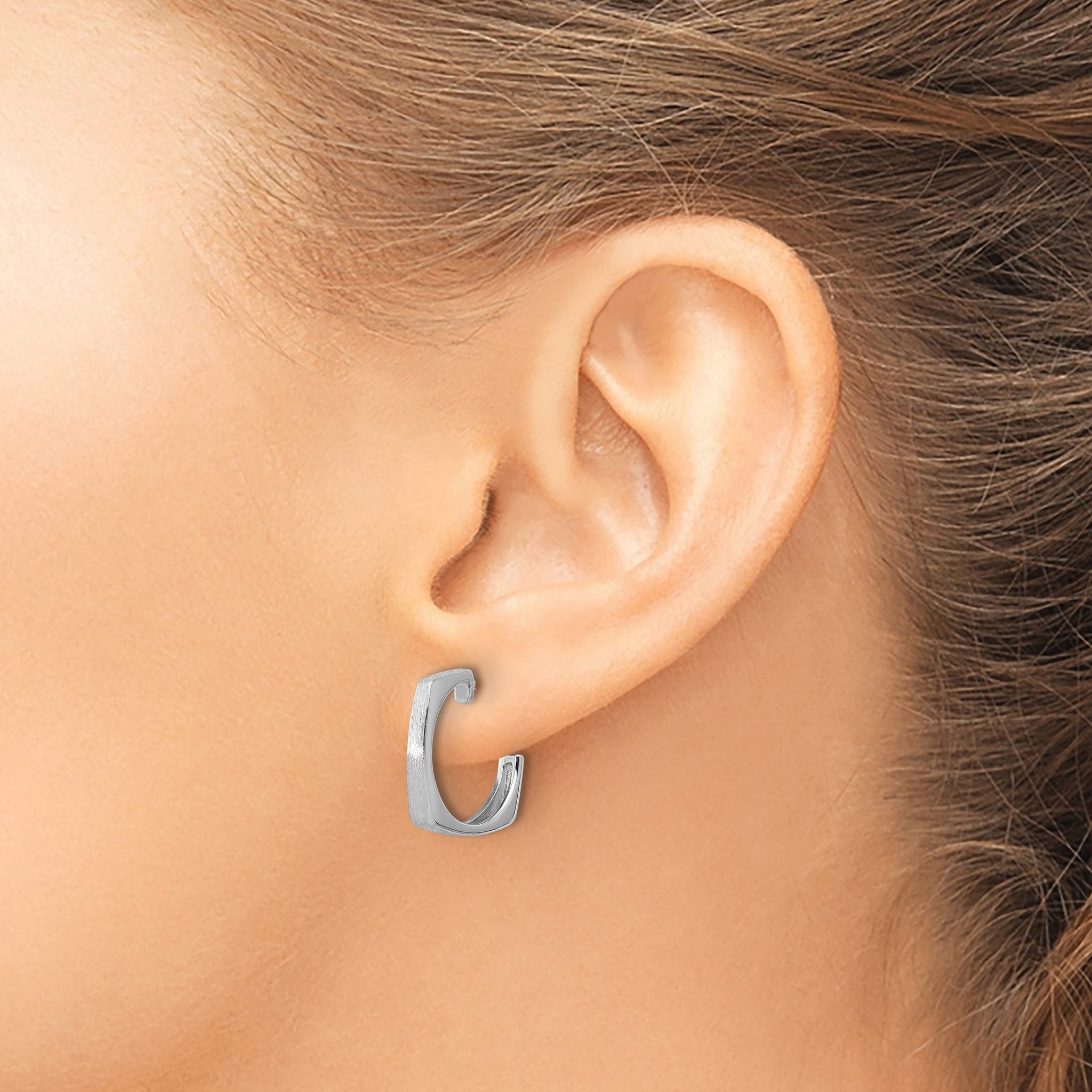 SS RH-plated Polished/Brushed Square J-Hoop Post Earrings