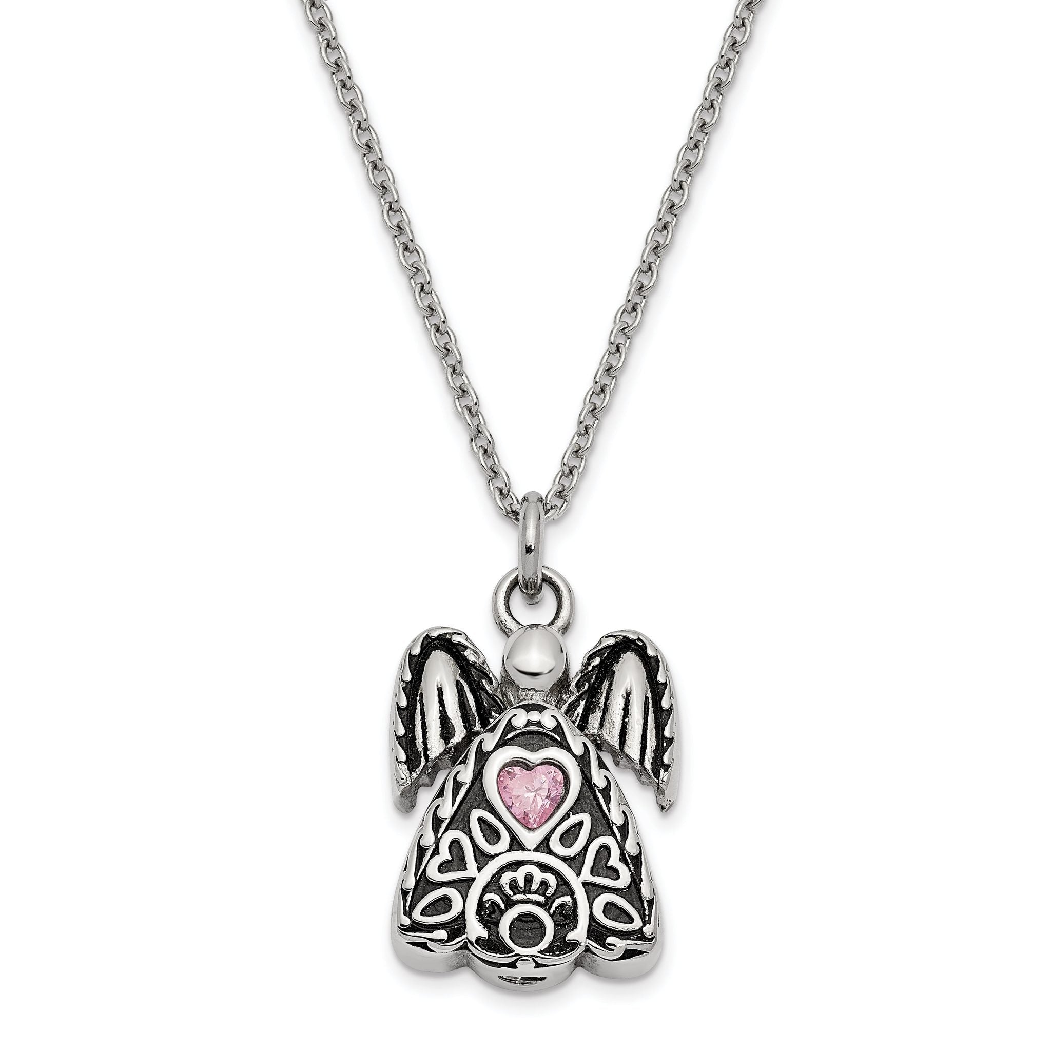 Sentimental Expressions Stainless Steel Pink CZ October Birthstone Antiqued Angel Ash Holder 18 Inch Necklace Main image