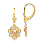 14K Two-Tone Gold Heart Leverback Earrings with Lace Trim, Polished Finish
