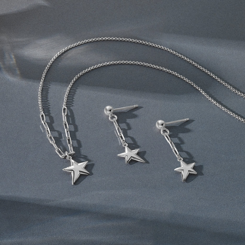 SS RH-plated Polished Star Pendant w/1.25in ext. Necklace