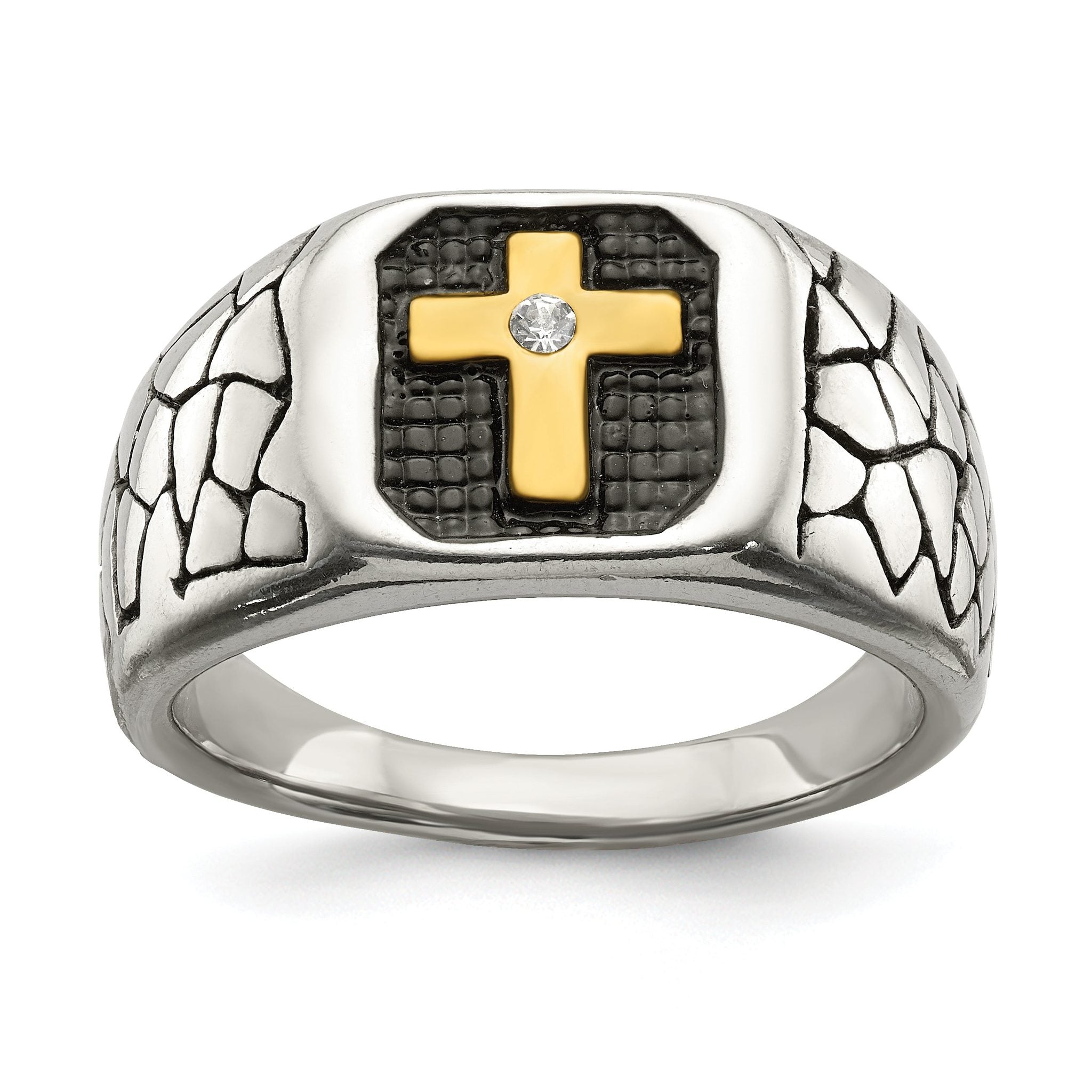 Chisel Stainless Steel Antiqued and Polished Yellow IP-plated with Crystal Cross Ring Main image