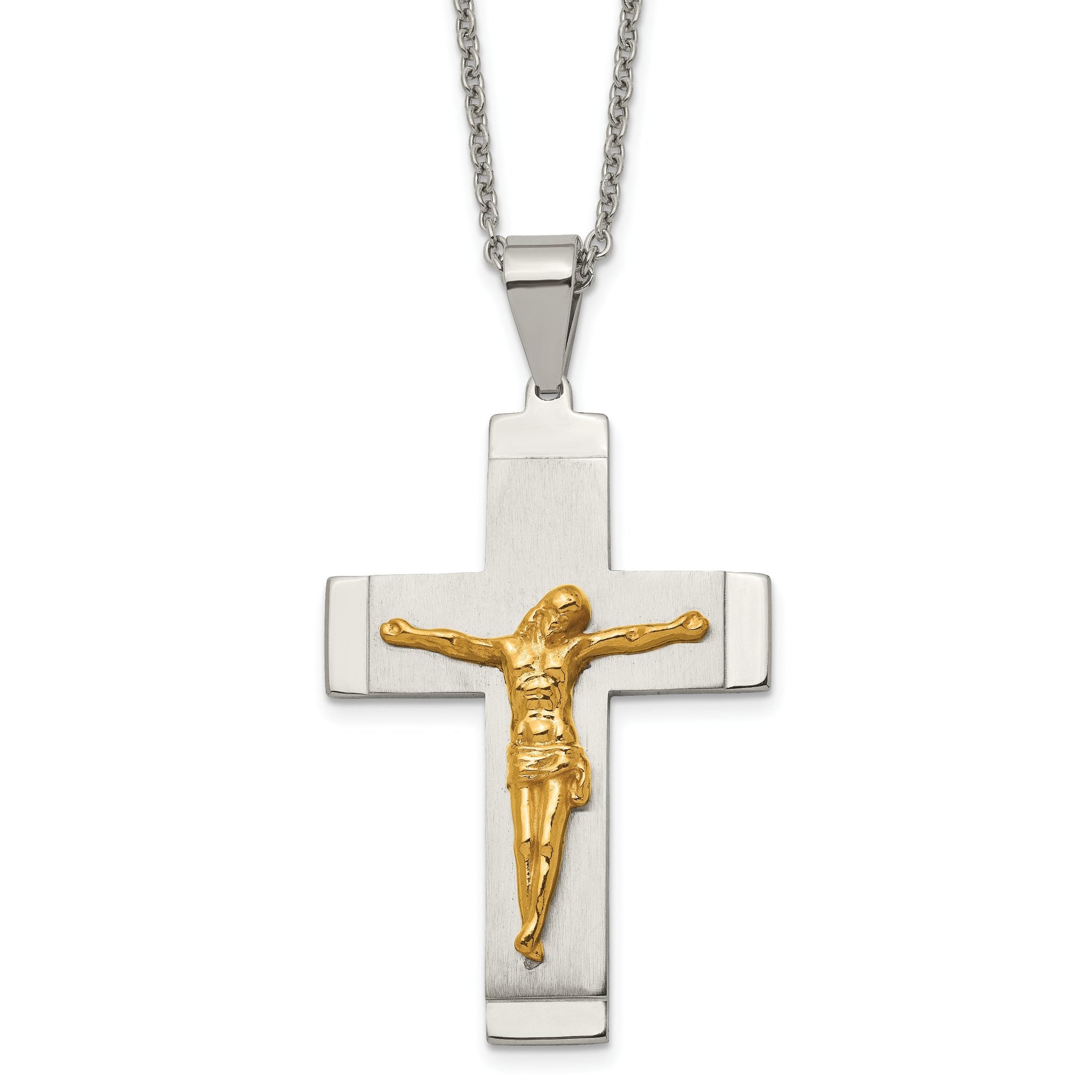 Chisel Stainless Steel Brushed and Polished Yellow IP-plated Crucifix Pendant on a 20 inch Curb Chain Necklace Main image