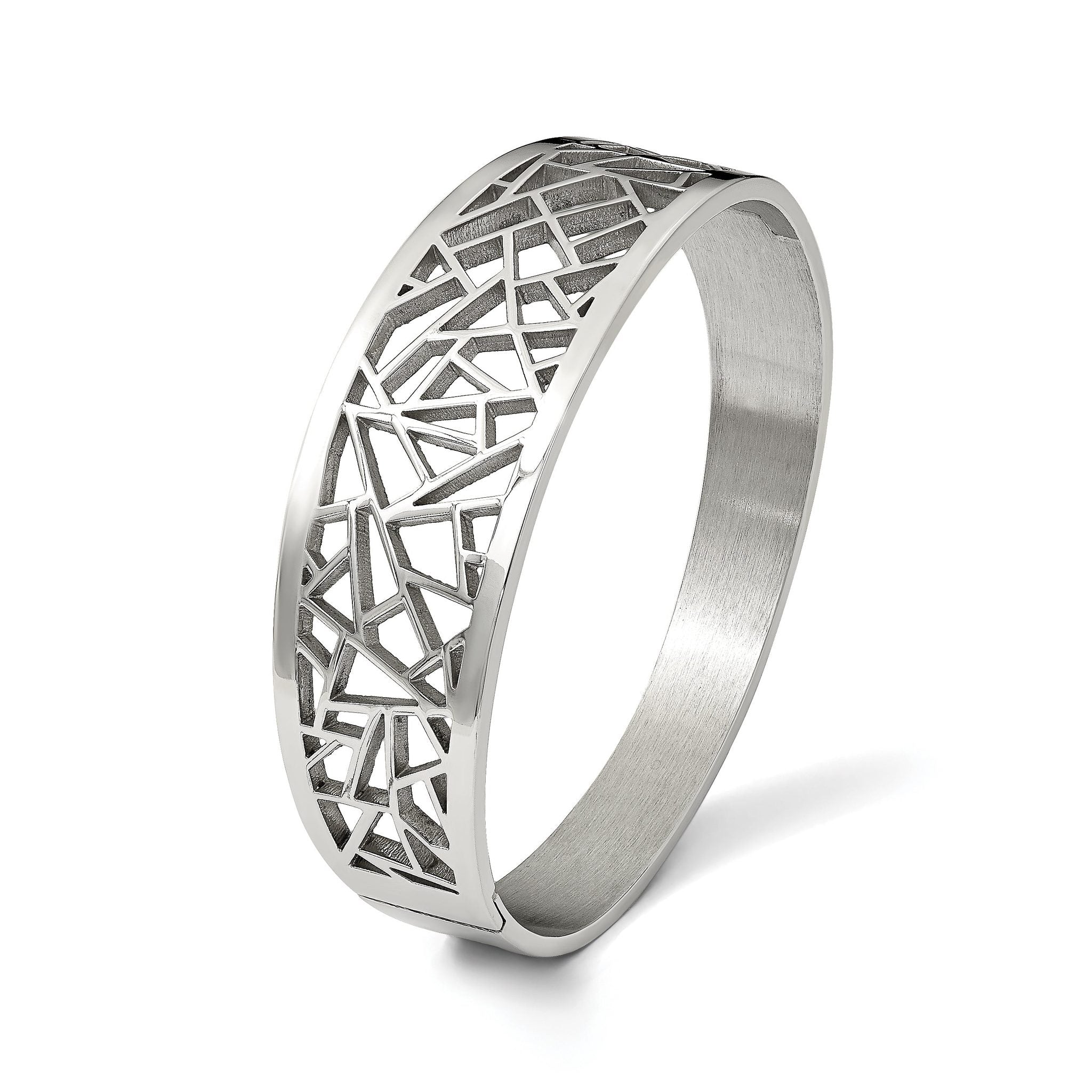 Stainless Steel Polished Geometric Cut-out Hinged Bangle Bracelet for Women