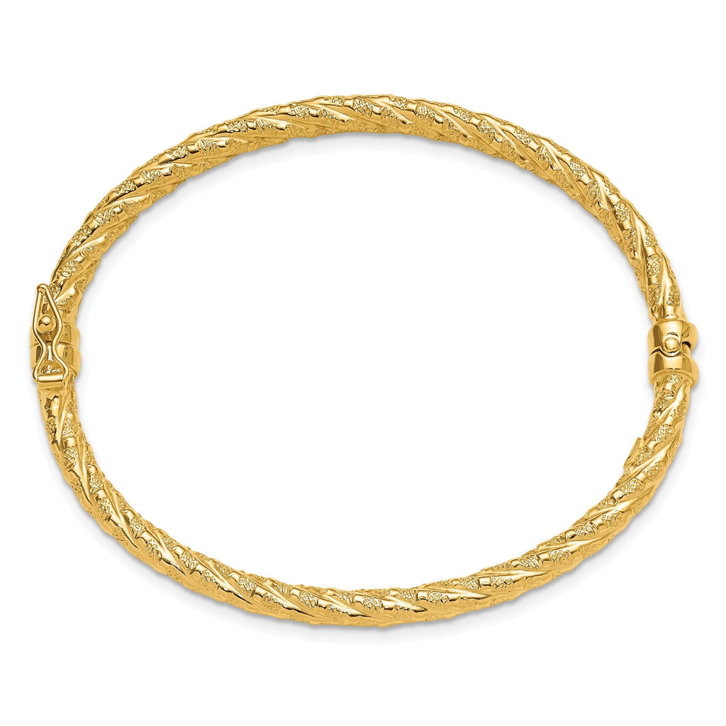 14k Polished and Textured Twisted Hinged Bangle
