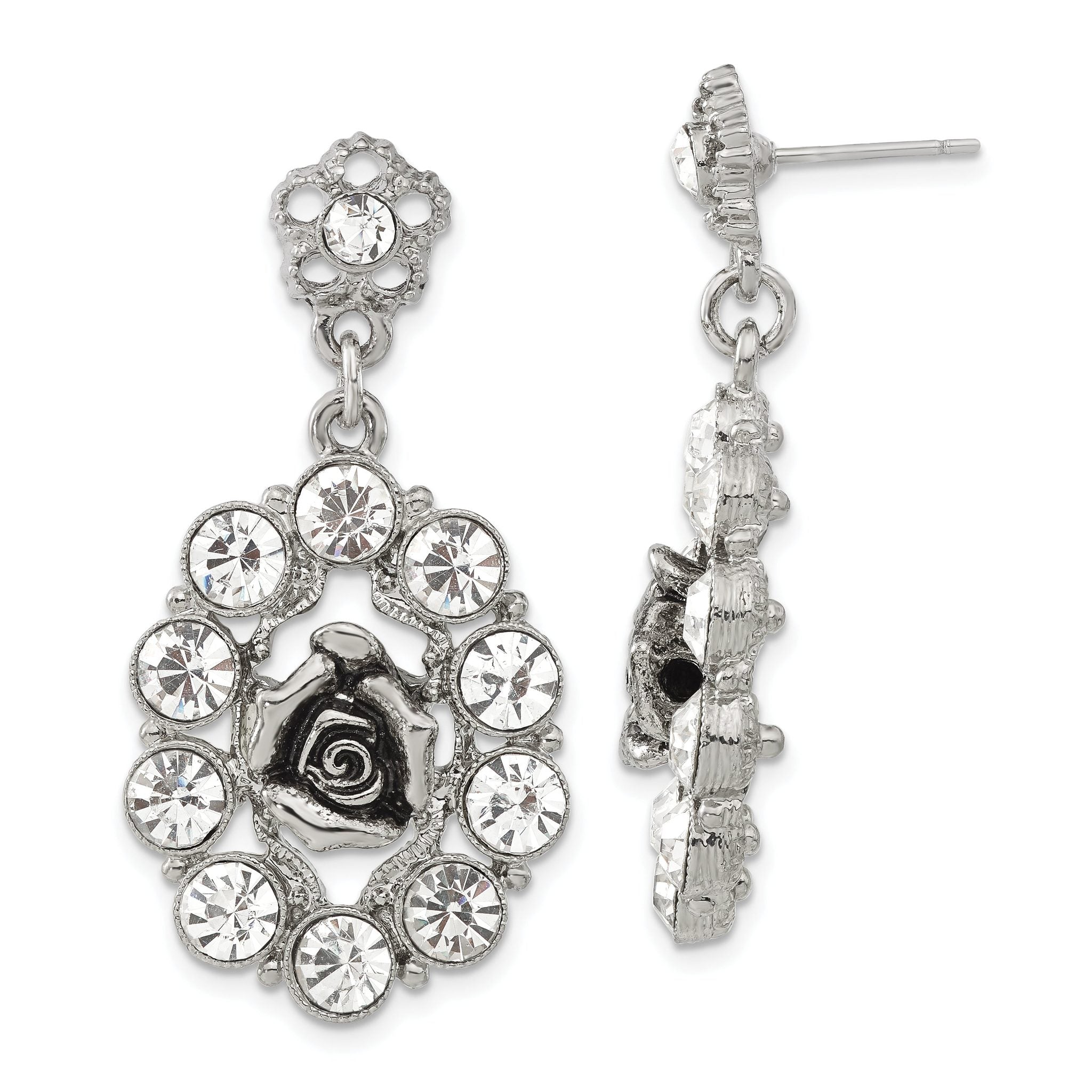 1928 Silver-tone White Crystal Rose Post Dangle Earrings Main image