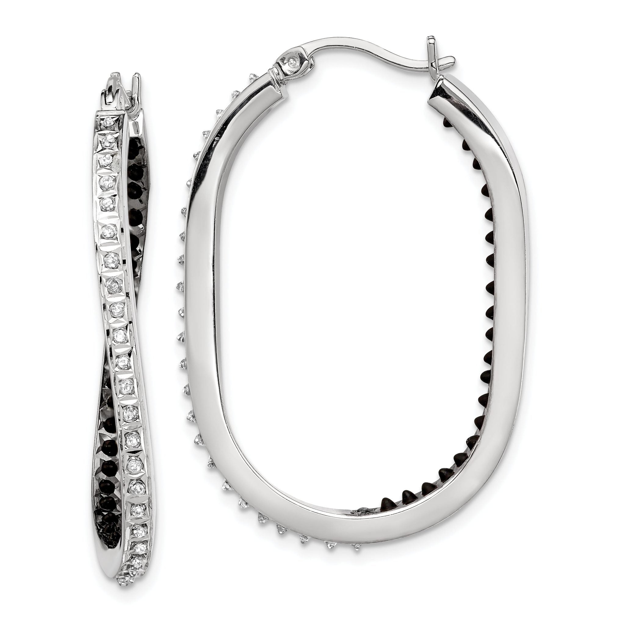 Sterling Silver Platinum-Plated Black & White Diamond Hoop Earrings  Elegant Polished Design