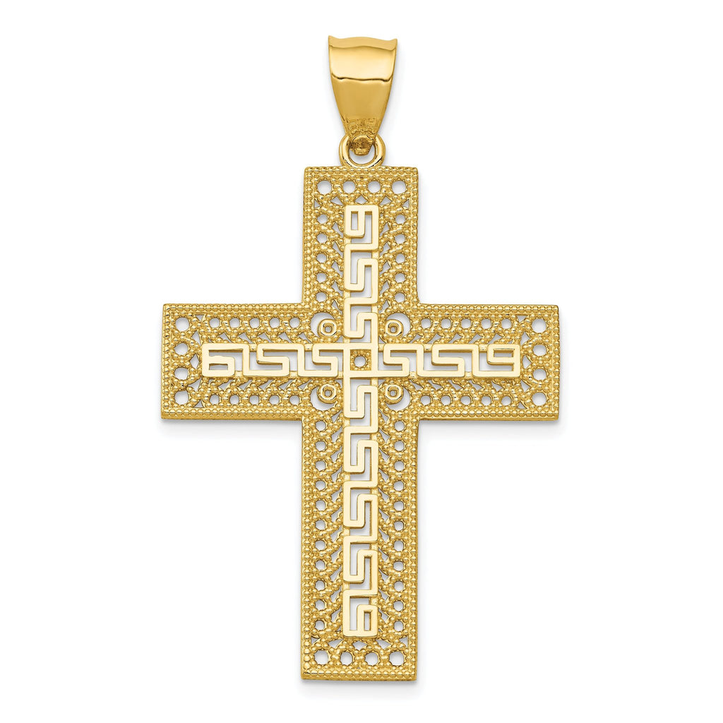 14K Gold Greek Key Filigree Cross Pendant  Elegant and Solid Design