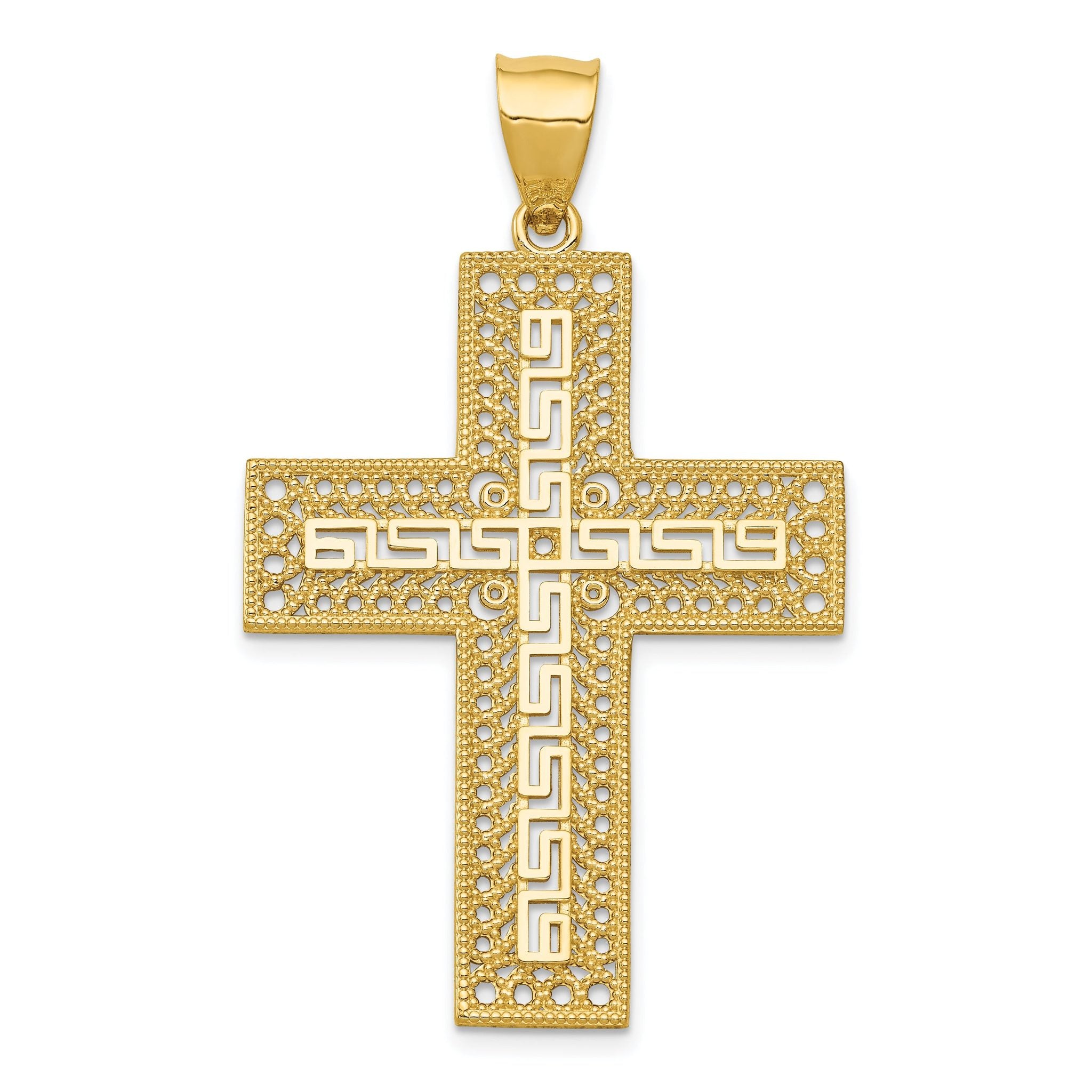 14K Gold Greek Key Filigree Cross Pendant  Elegant and Solid Design