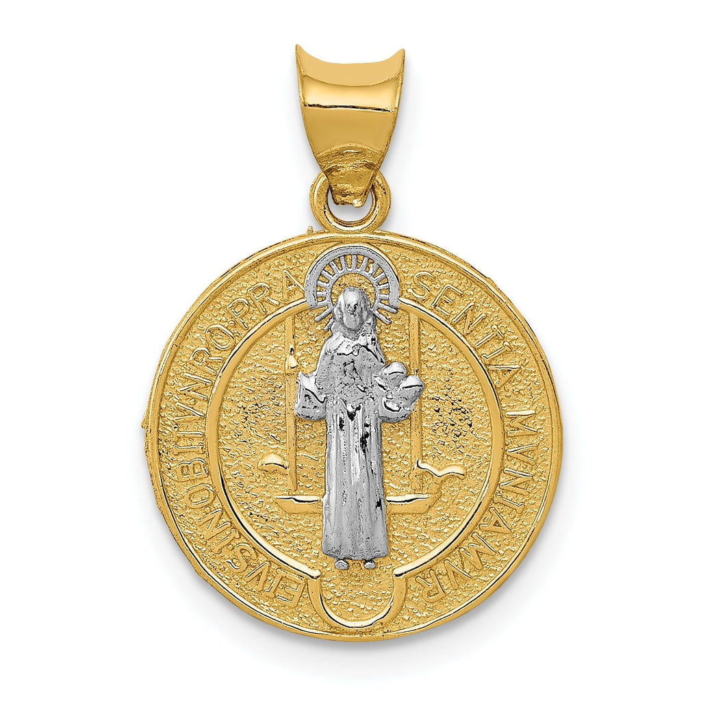 14K Gold St. Benedict Medal Pendant with Rhodium Accents, Polished & Reversible