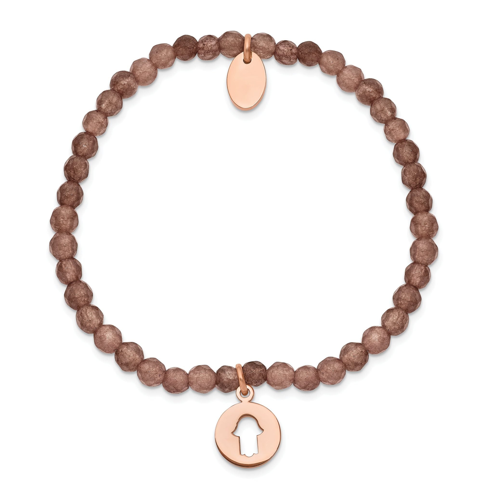 Stainless Steel Polished Rose IP-plated Hamsa 4mm Brown Jade Beaded Stretch Bracelet for Women Secondary image