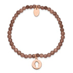Stainless Steel Polished Rose IP-plated Hamsa 4mm Brown Jade Beaded Stretch Bracelet for Women