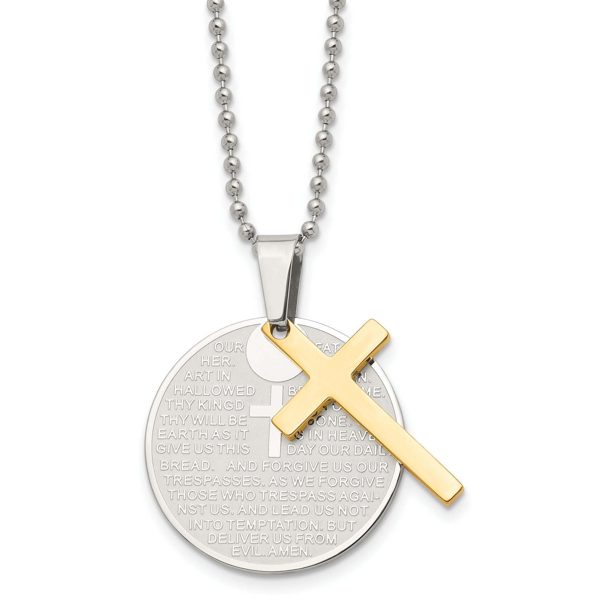 Chisel Stainless Steel Brushedand Polished Yellow IP-plated 2 Piece Lords Prayer Cross on a 20 inch Ball Chain Necklace Main image